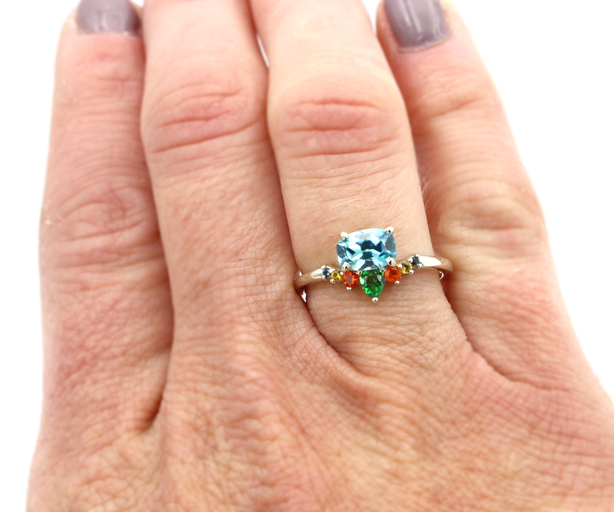 Fiesta Zircon, Tsavorite Garnet, Sapphire, Mexican Opal Ring