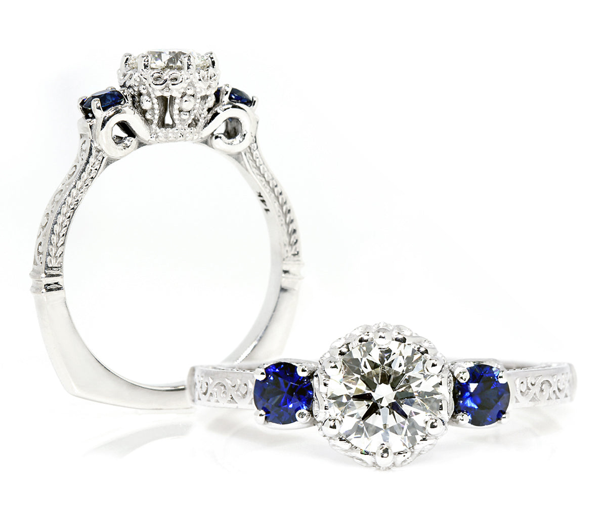 custom designed crown halo blue sapphire diamond engagement ring