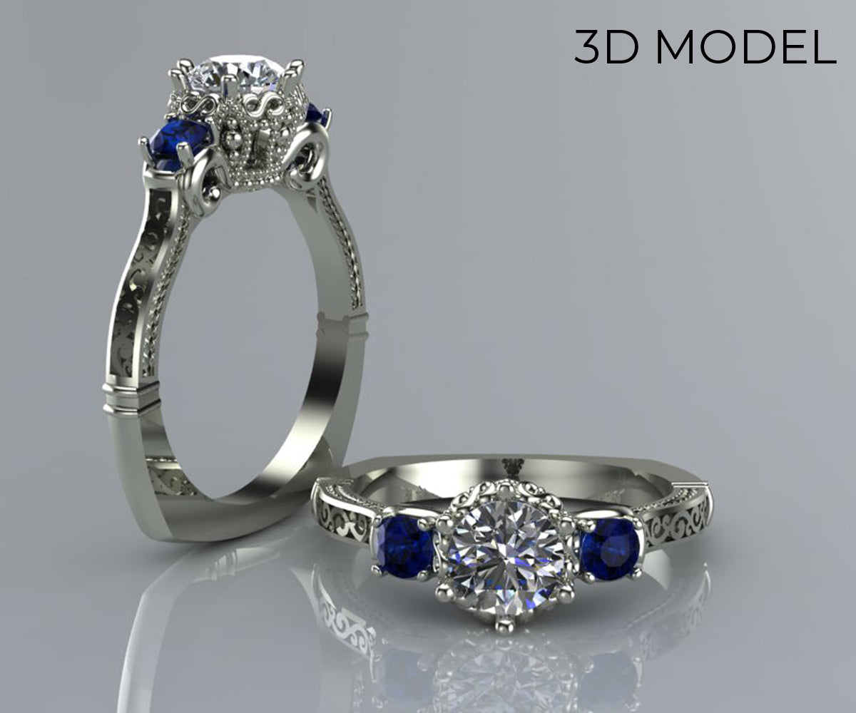 Crown Diamond and Sapphire Engagement Ring