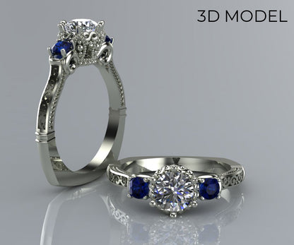 Crown Diamond and Sapphire Engagement Ring