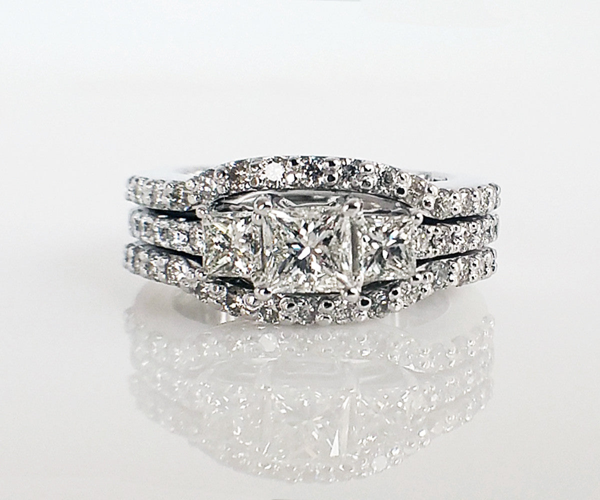 custom three princess cut diamond halo wedding ring