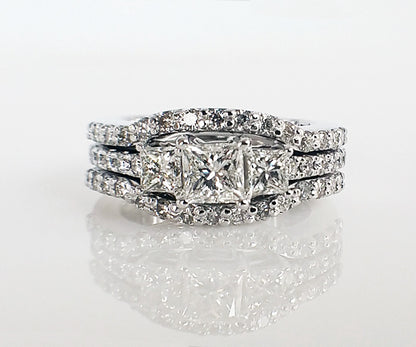 custom three princess cut diamond halo wedding ring