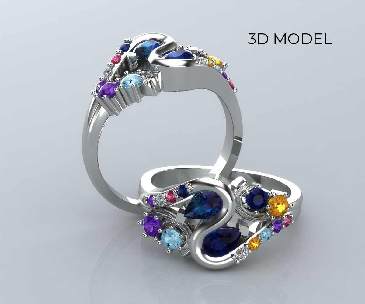 Anillo familiar personalizado con piedra natal en espiral de colores