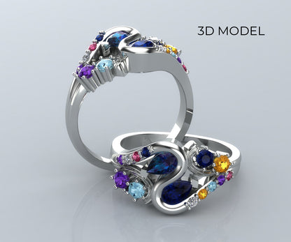 Anillo familiar personalizado con piedra natal en espiral de colores
