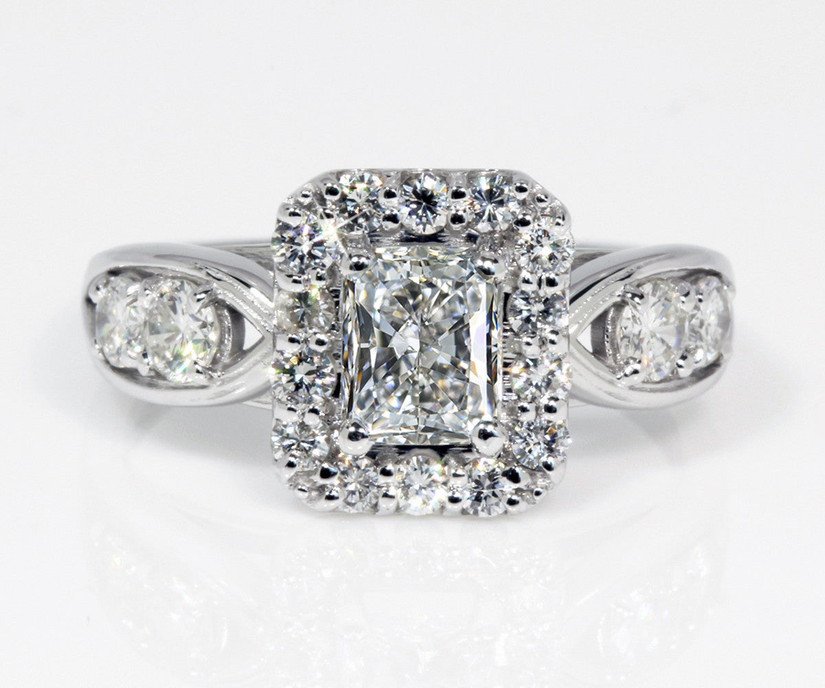 custom cathdral radiant diamond halo wedding ring
