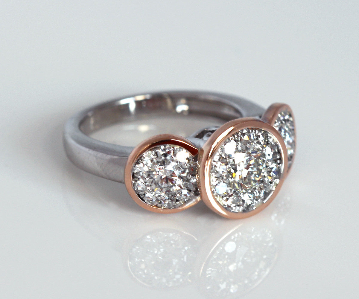 Three Bezel Halo Pink Gold Wedding Ring Redesign