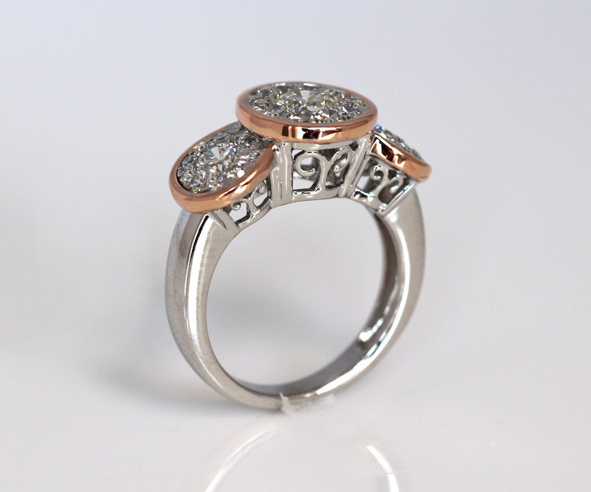 Three Bezel Halo Pink Gold Wedding Ring Redesign