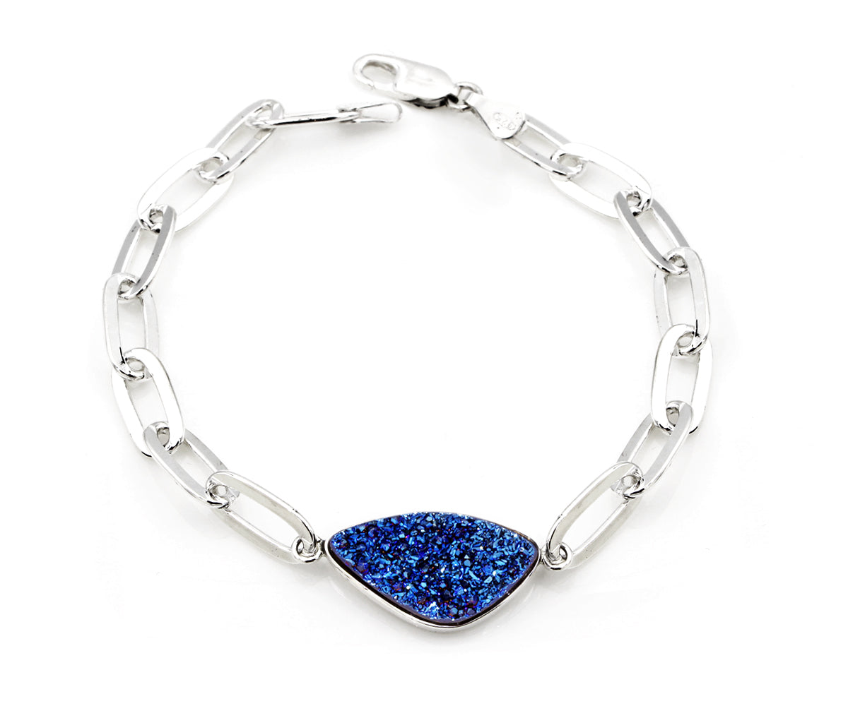 Sterling Silver blue druzy quartz fashion large link bracelet