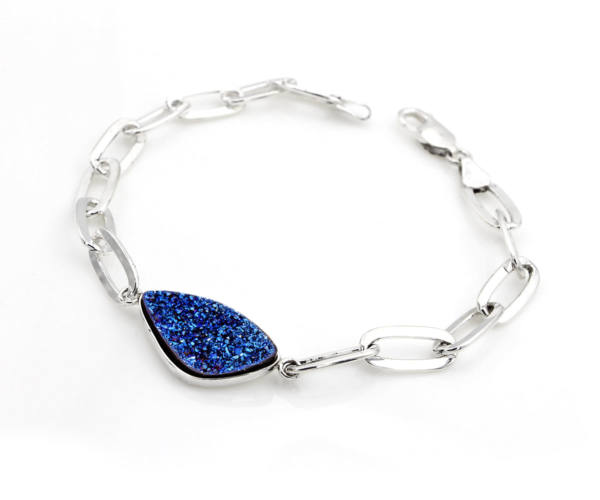 Blue Druzy Long Link Sterling Silver Bracelet