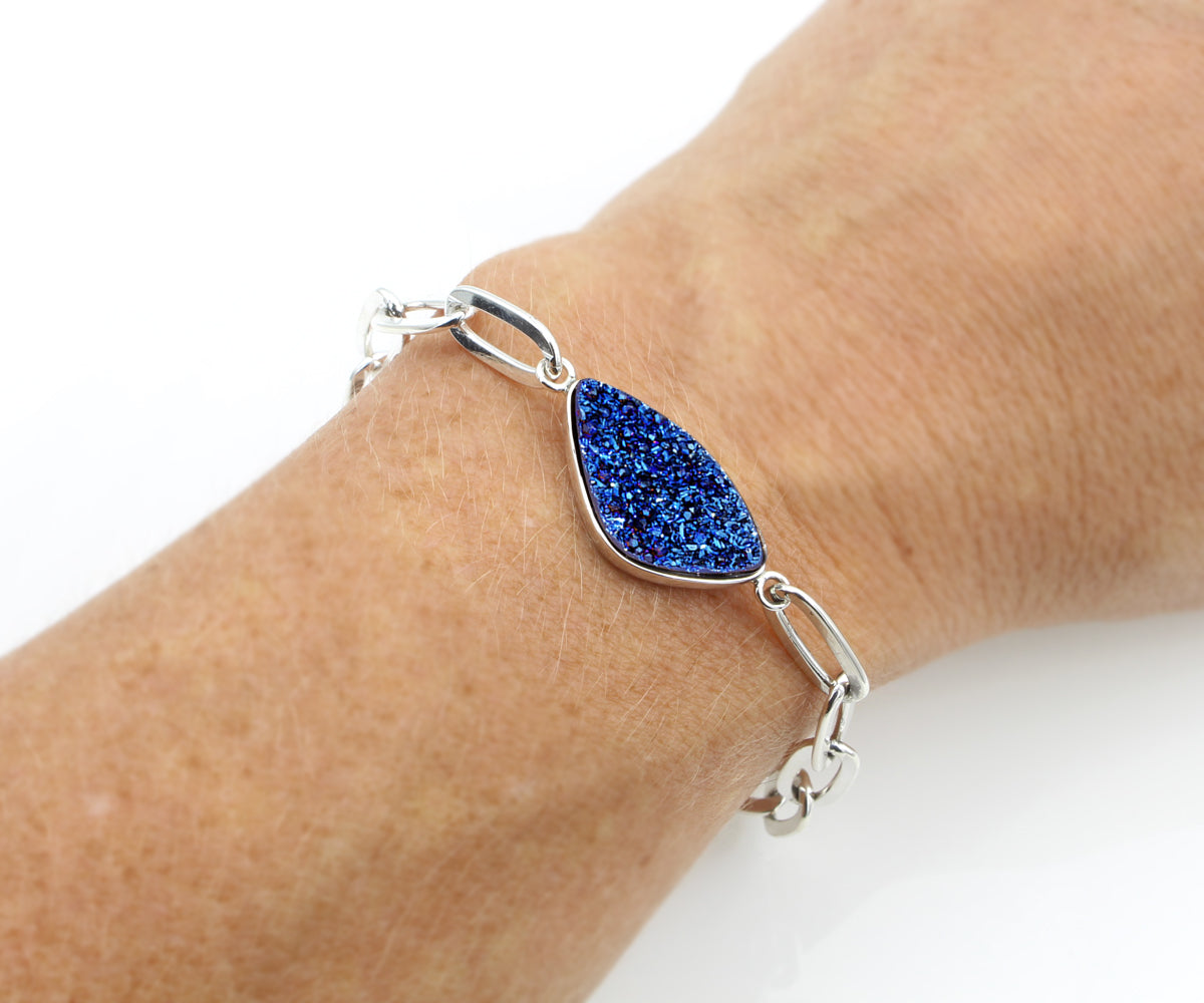 Blue Druzy Long Link Sterling Silver Bracelet