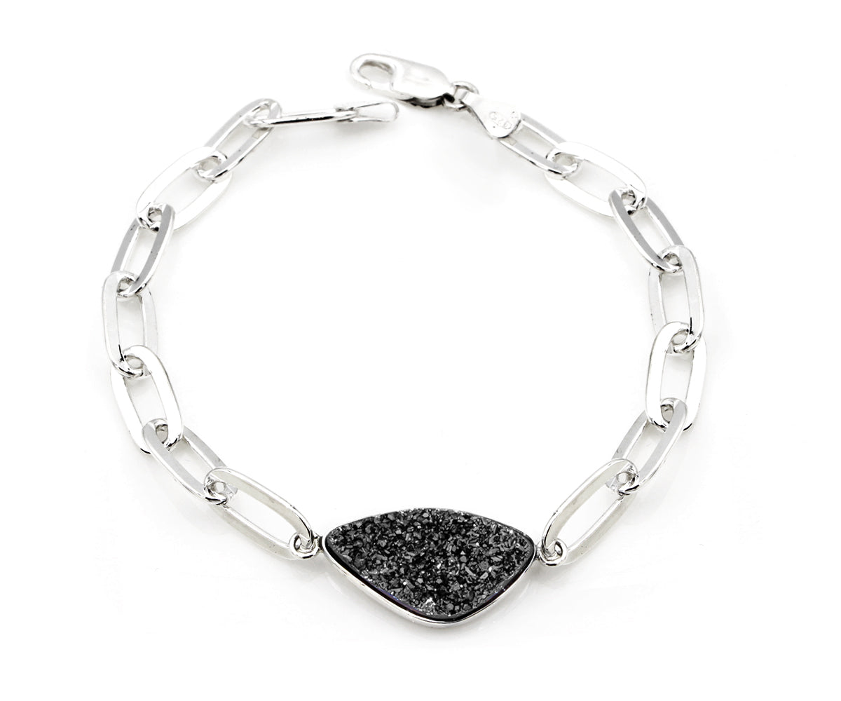 Sterling Silver black druzy quartz fashion large link bracelet