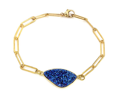 Blue Druzy Long Link Gold Bracelet