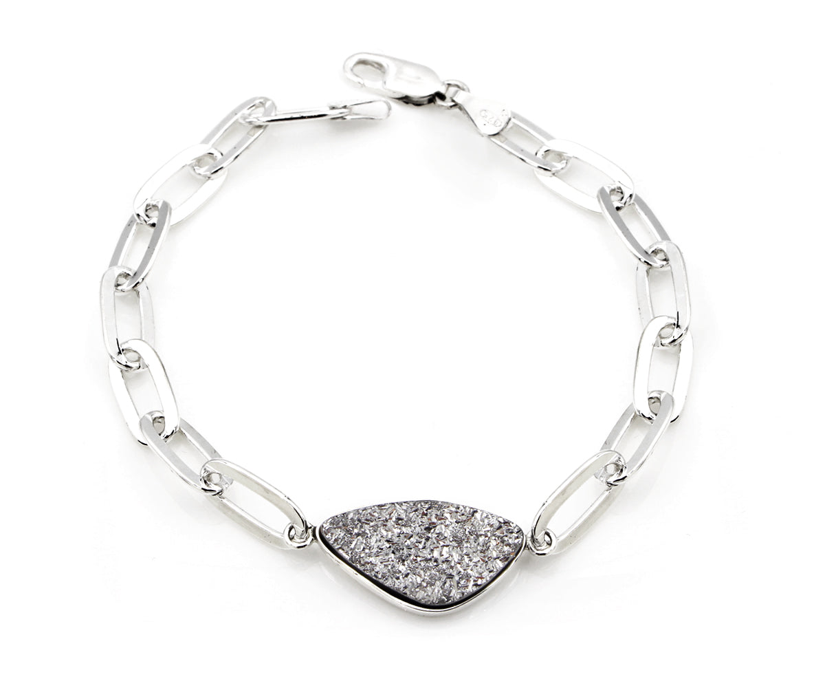 Sterling Silver platinum druzy quartz fashion large link bracelet