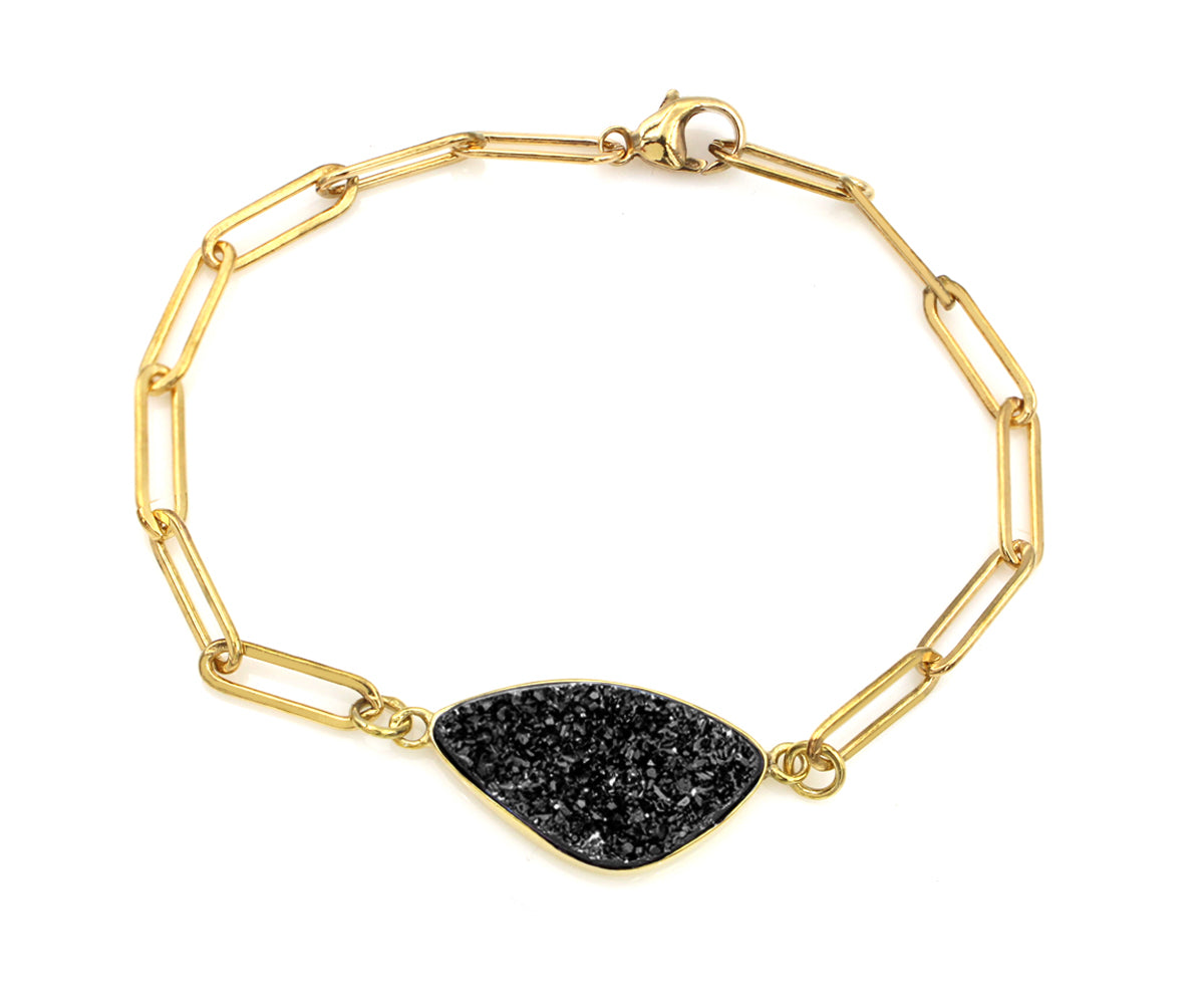 Black Druzy Long Link Gold Bracelet