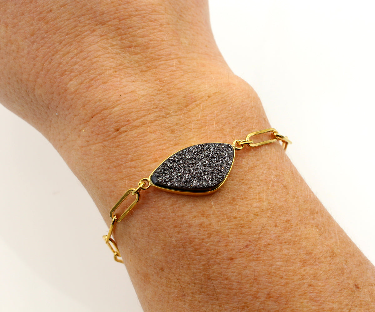 Black Druzy Long Link Gold Bracelet