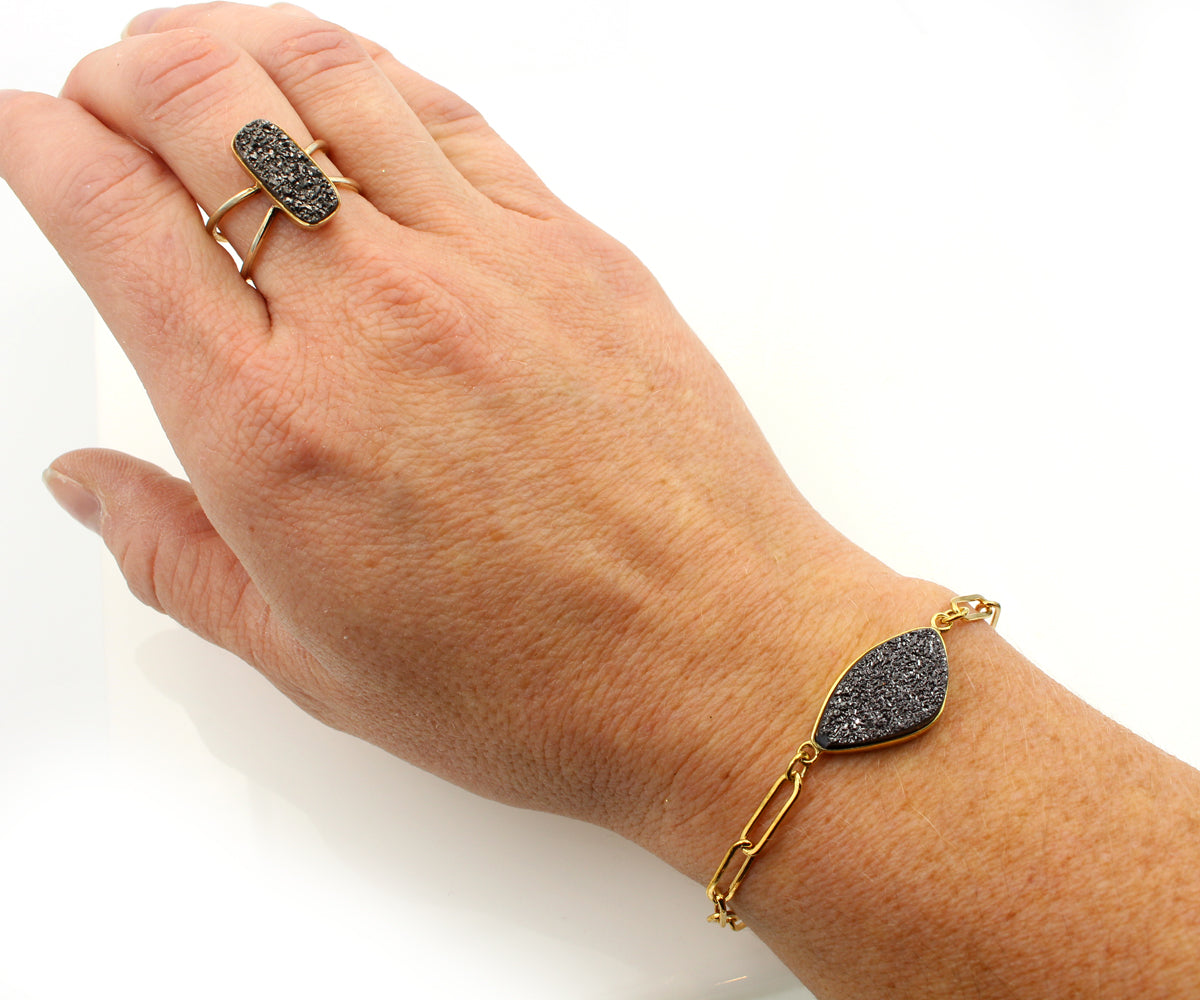 Black Druzy Long Link Gold Bracelet
