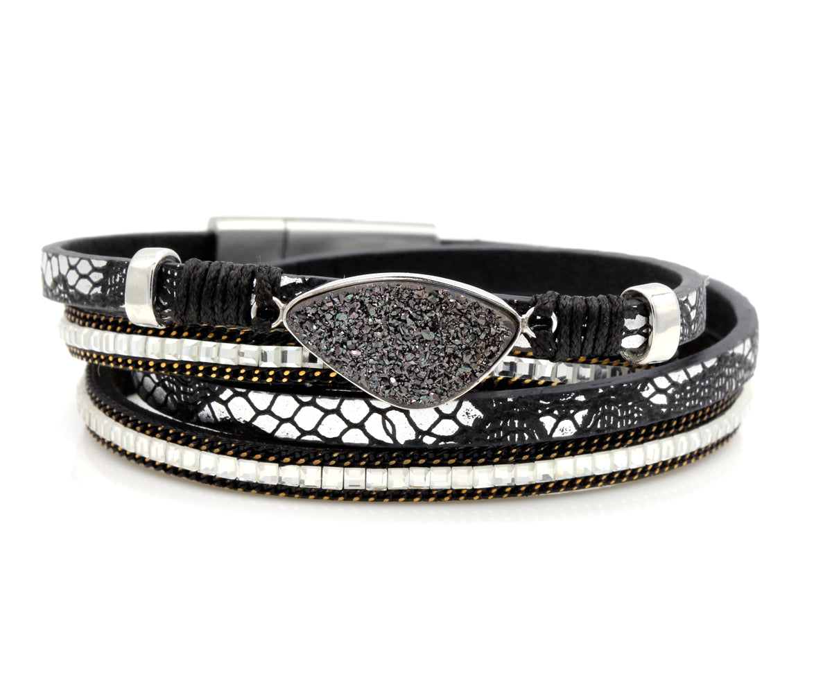double wrap sparkly black leather titanium druzy gemstone bracelet