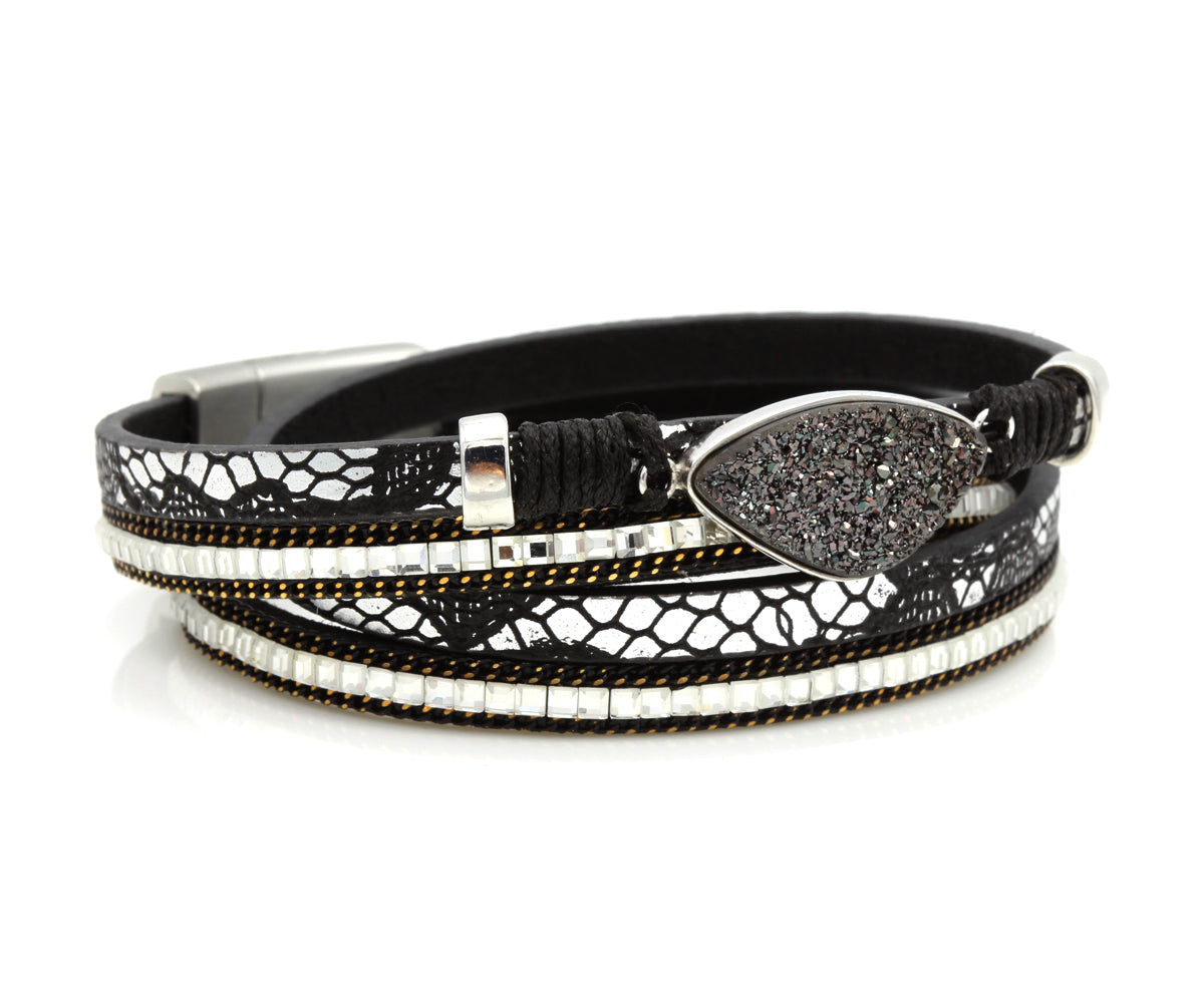 Double Wrap Black Druzy Leather Bracelet
