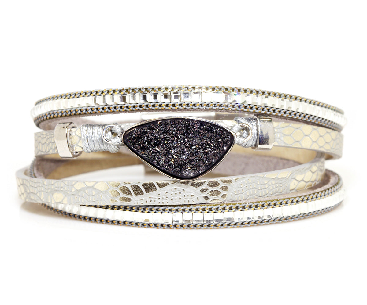 Ambrosia black druzy quartz double wrap silver leather fashion drusy bracelet