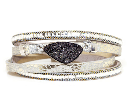 Ambrosia black druzy quartz double wrap silver leather fashion drusy bracelet