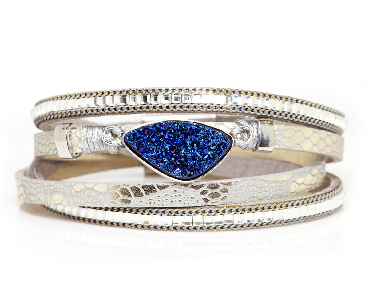 Double Wrap Blue Druzy Leather Bracelet