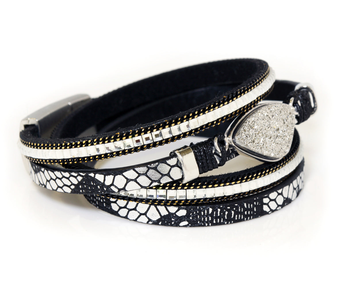 Pulsera de cuero con drusa de platino y doble vuelta