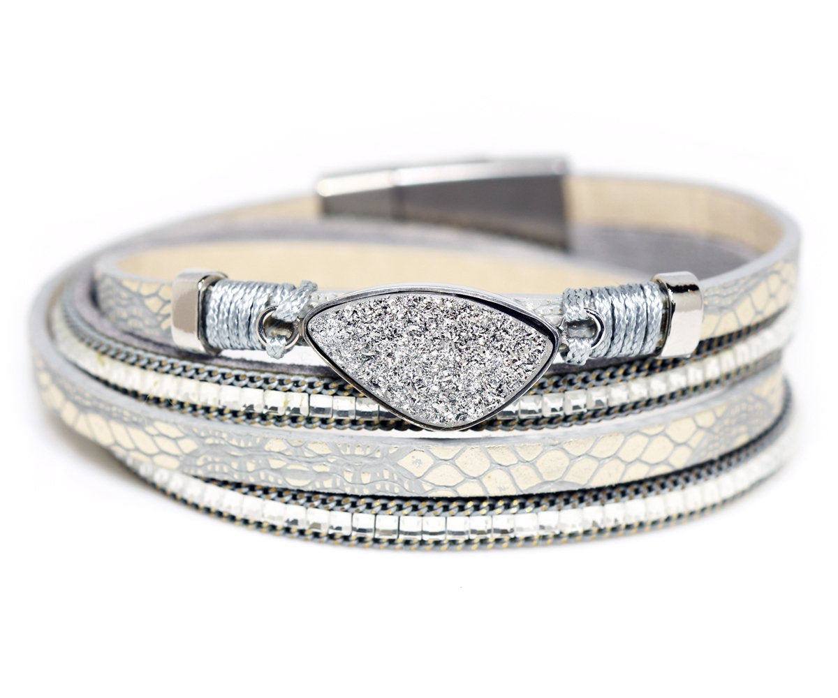 Ambrosia platinum druzy quartz double wrap fashion silver leather bracelet
