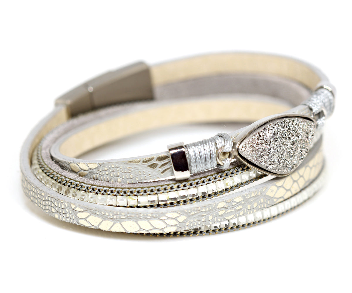 Double Wrap Platinum Druzy Silver Leather Bracelet