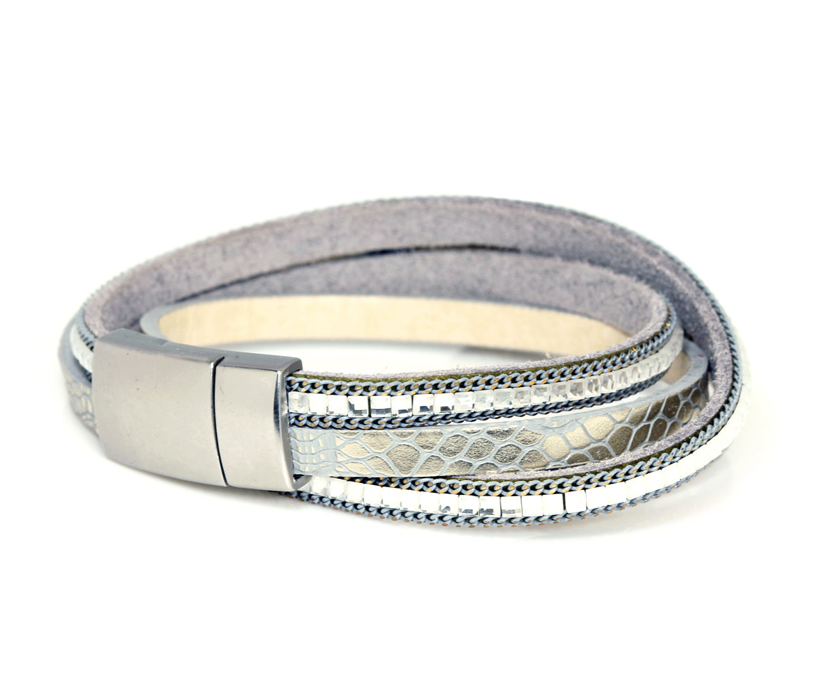 Double Wrap Platinum Druzy Silver Leather Bracelet
