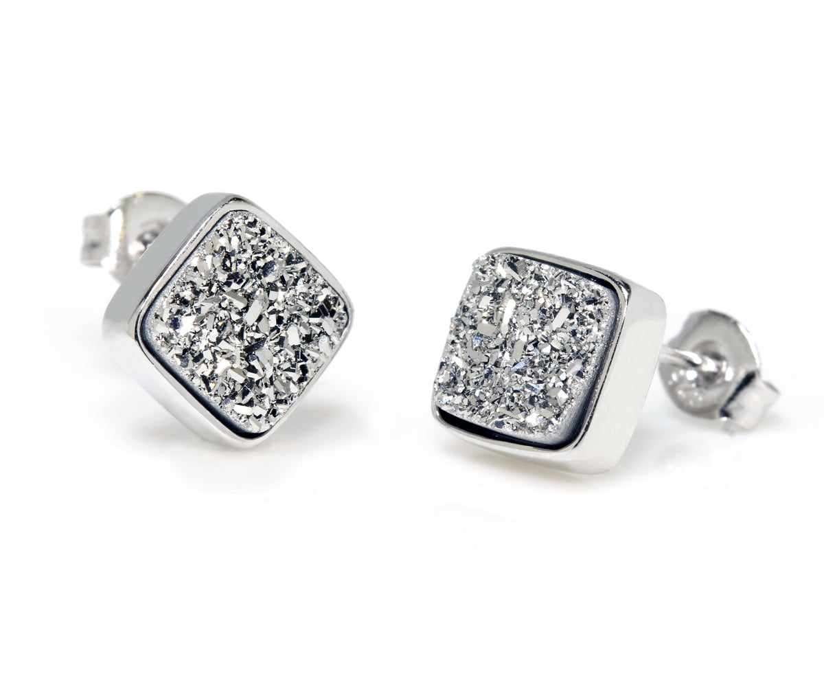 diamond square stud platinum fashion druzy earrings sterling silver