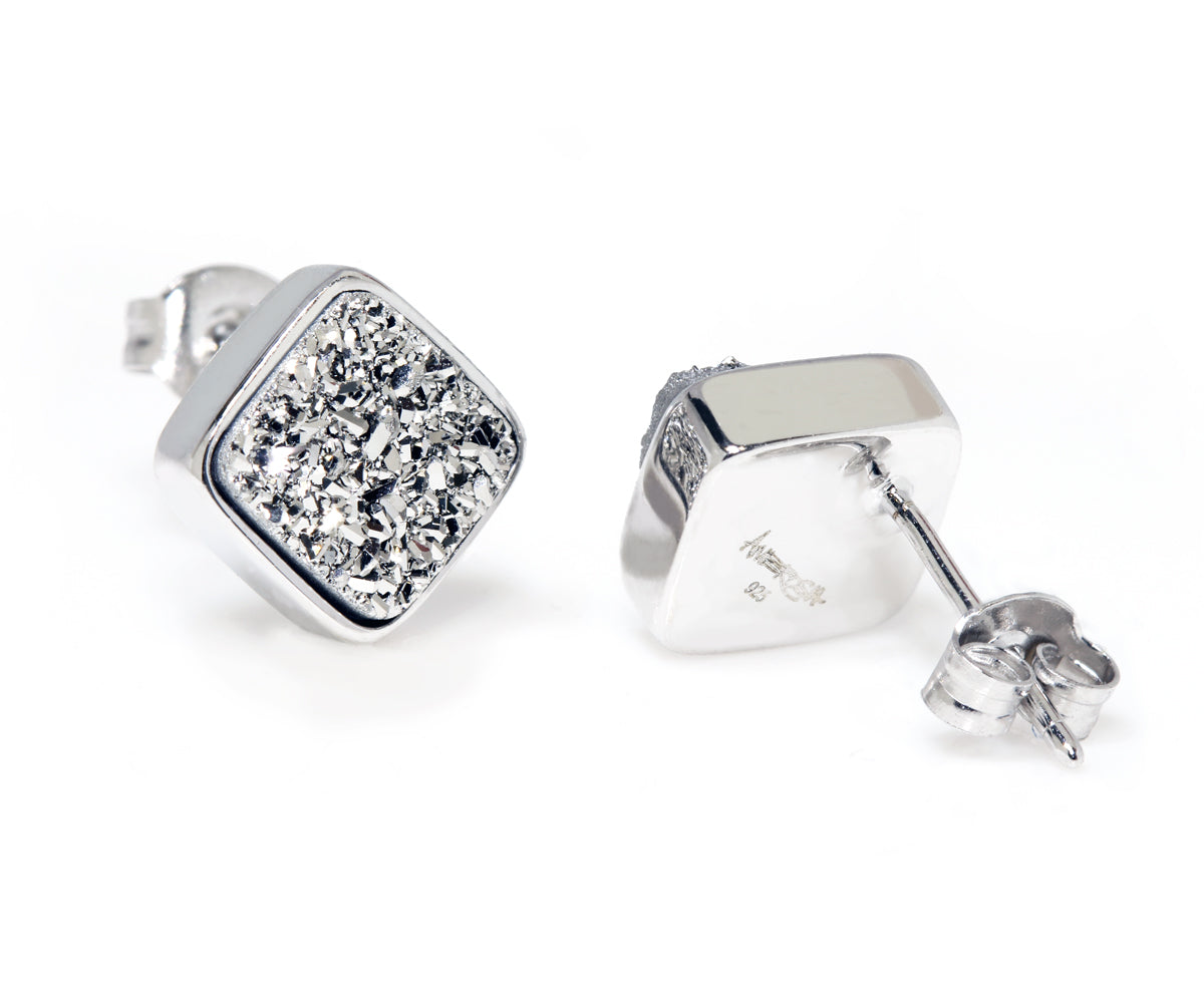 Small Square Platinum Druzy Stud Earrings