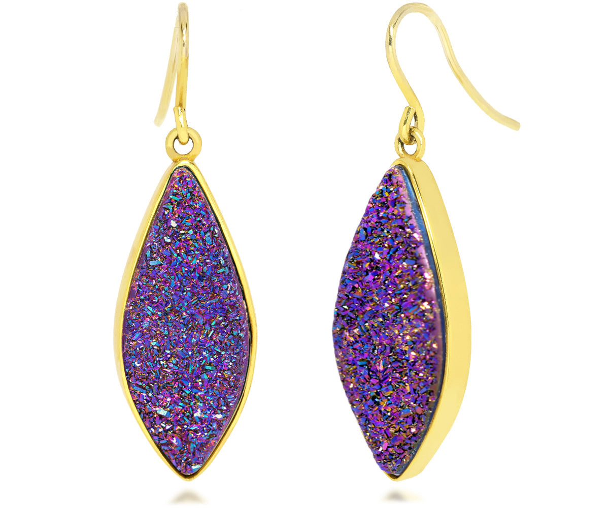 Large Marquise Purple Rainbow Druzy 14k Vermeil Earrings