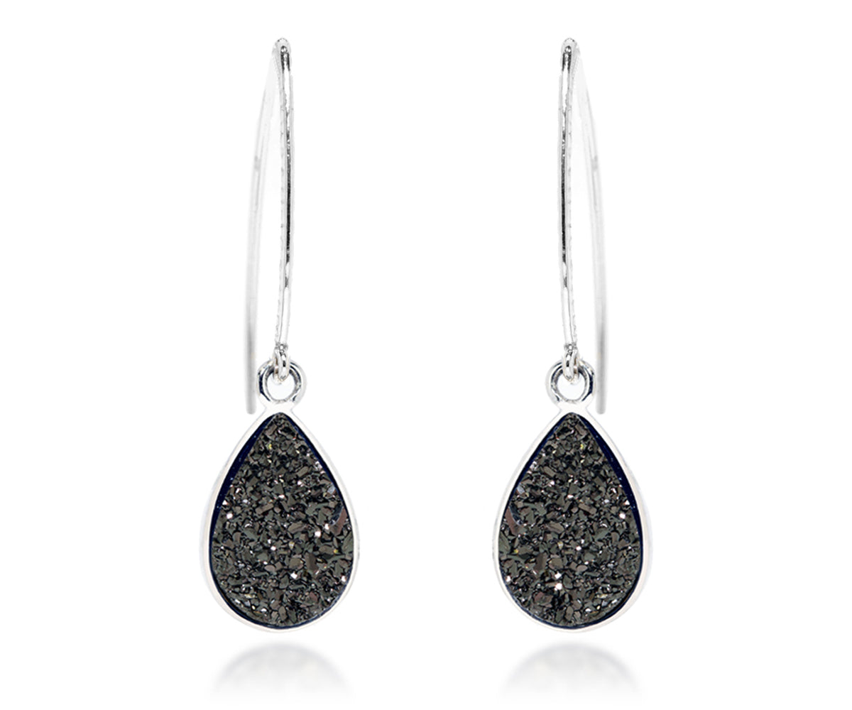 long dangle black druzy teardrop silver hammered drusy earrings