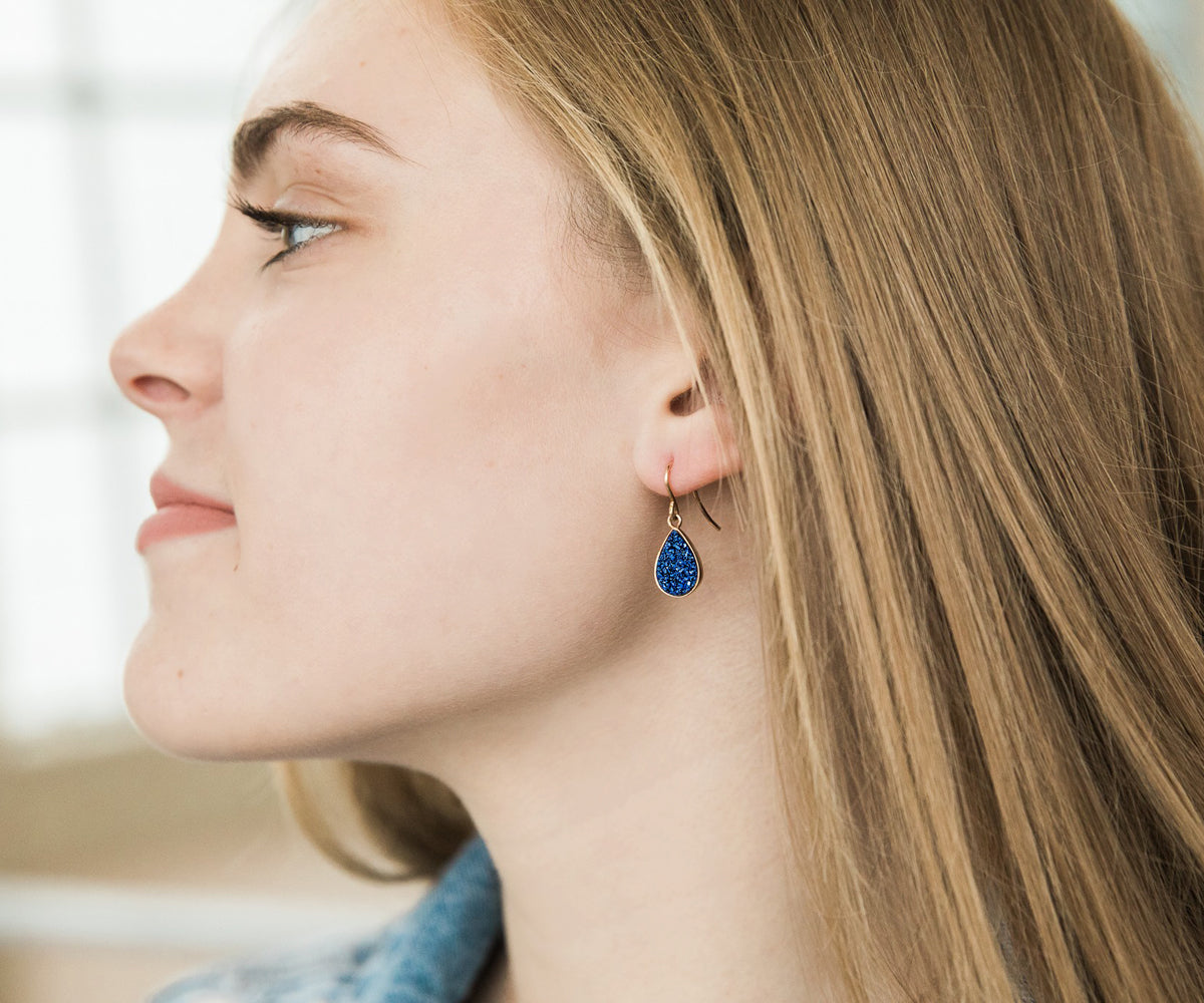 Small Teardrop Blue Druzy Earrings