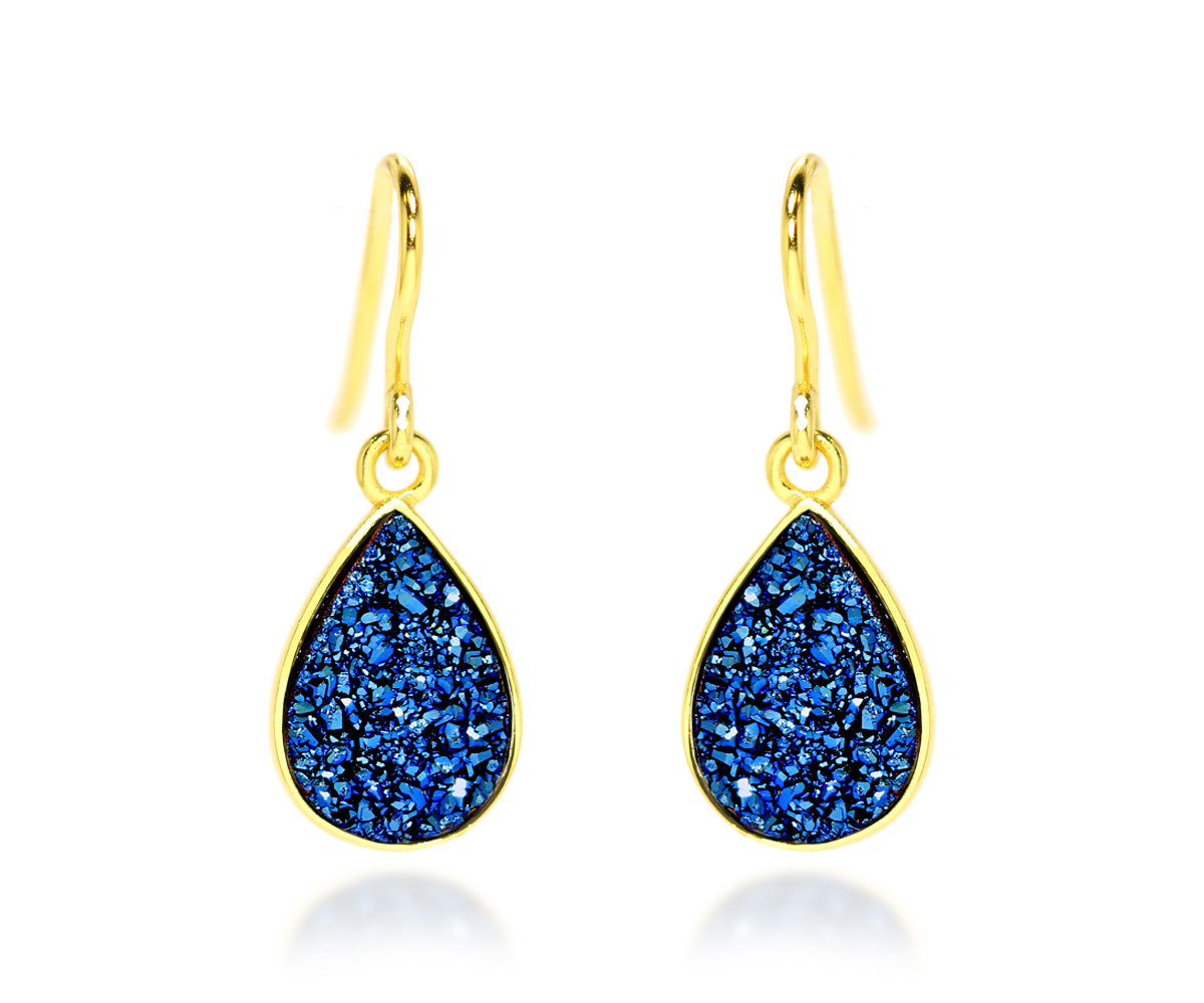 ambrosia small teardrop sapphire blue druzy dangle 14k vermeil drusy earrings