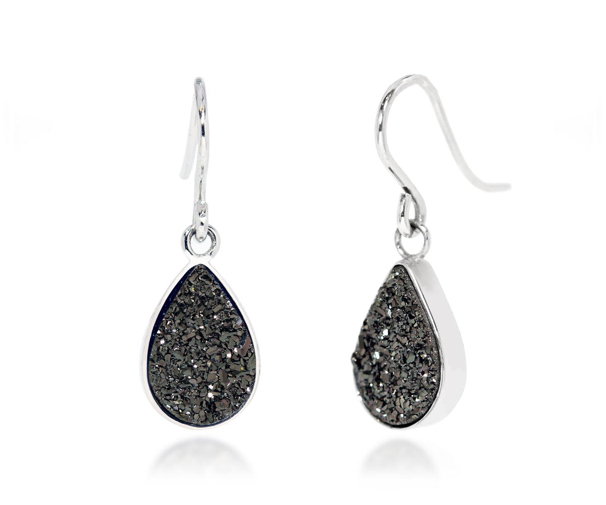 Small Teardrop Black Druzy Earrings