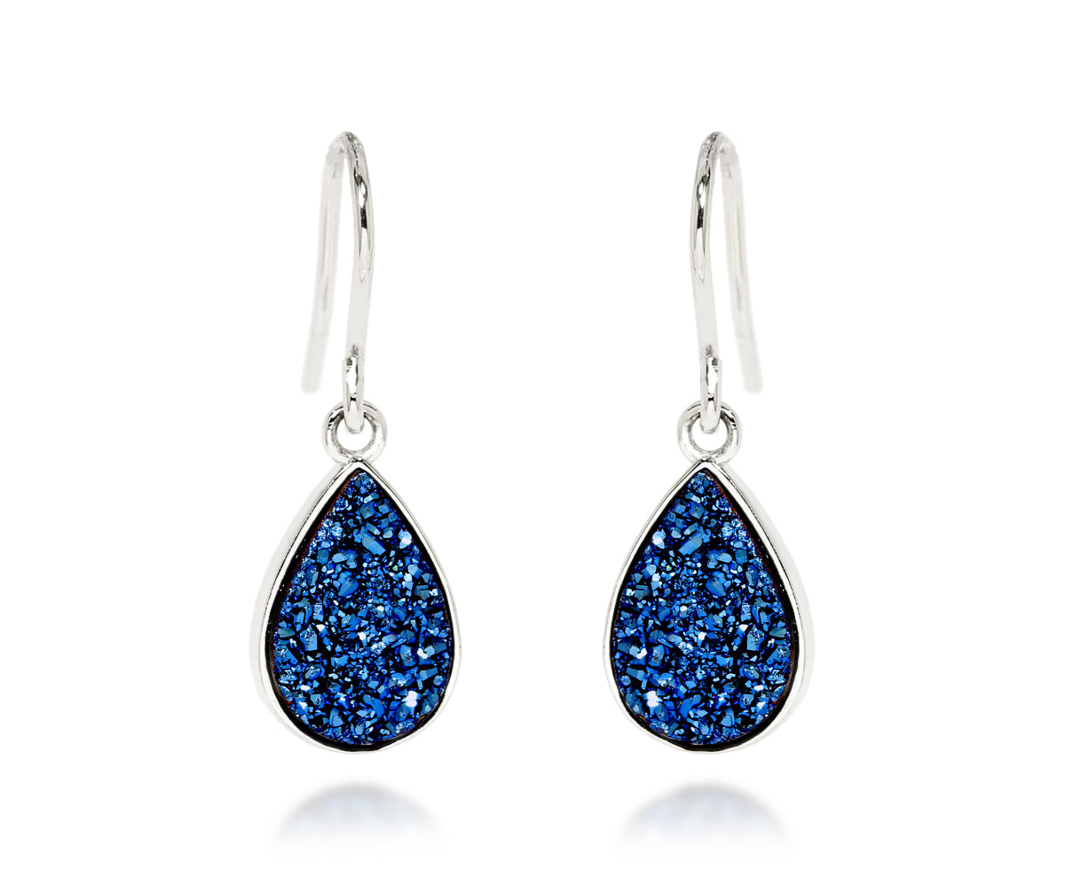 Ambrosia teardrop sapphire blue druzy dangle drusy silver earrings