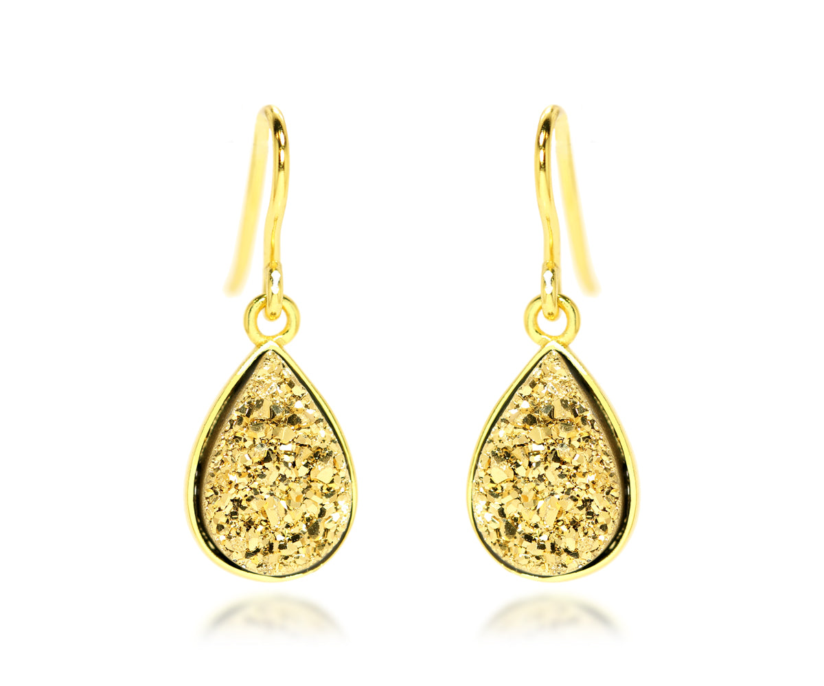 teardrop 18k yellow gold druzy drusy women dangle fashion sparkle earrings