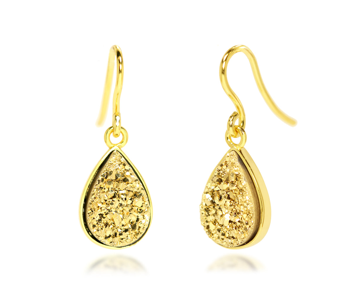 Small Teardrop 18K Gold Druzy Earrings