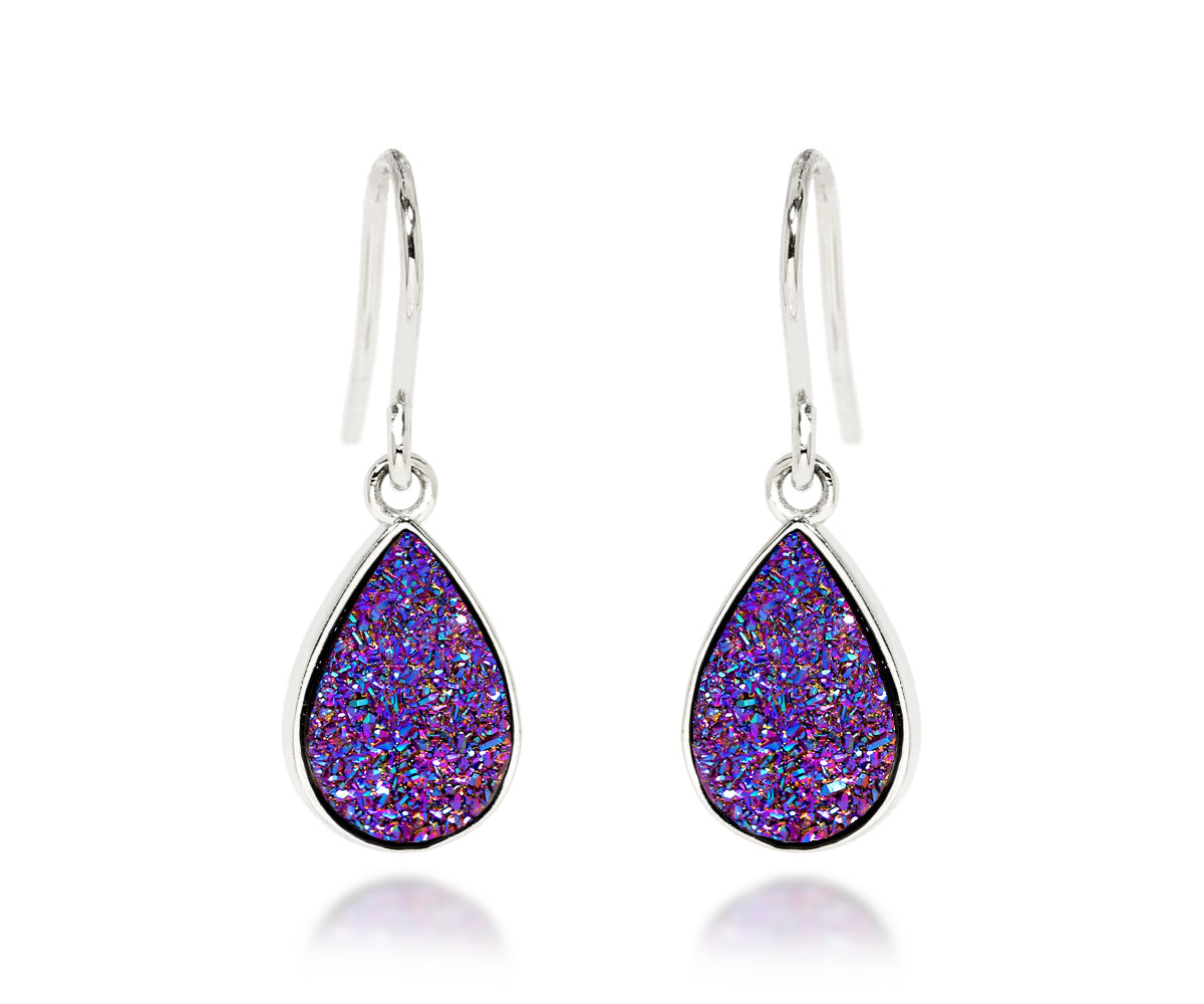 ambrosia small teardrop purple rainbow druzy silver drusy earring