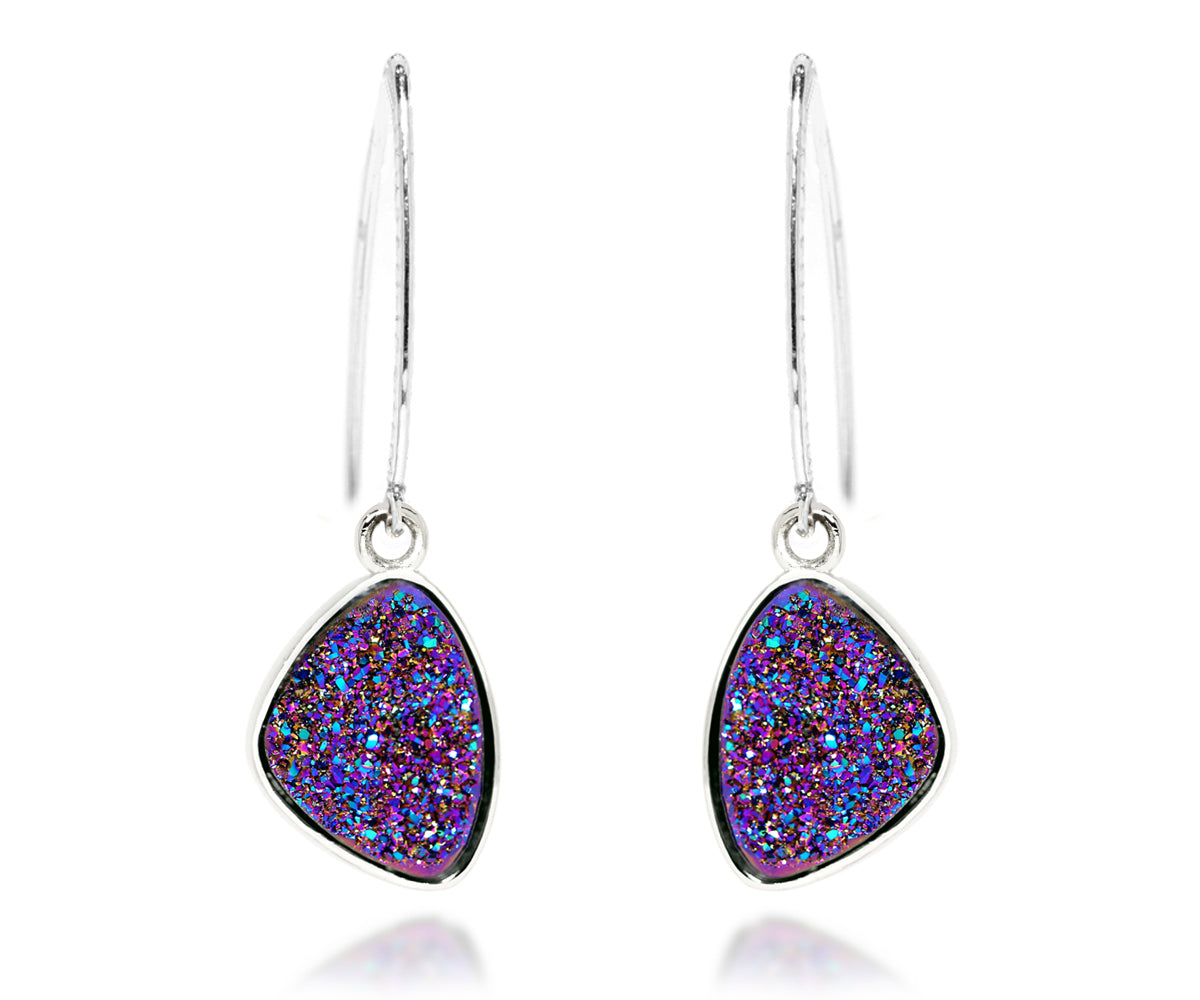 Hammered Trillion Purple Rainbow Druzy Earrings