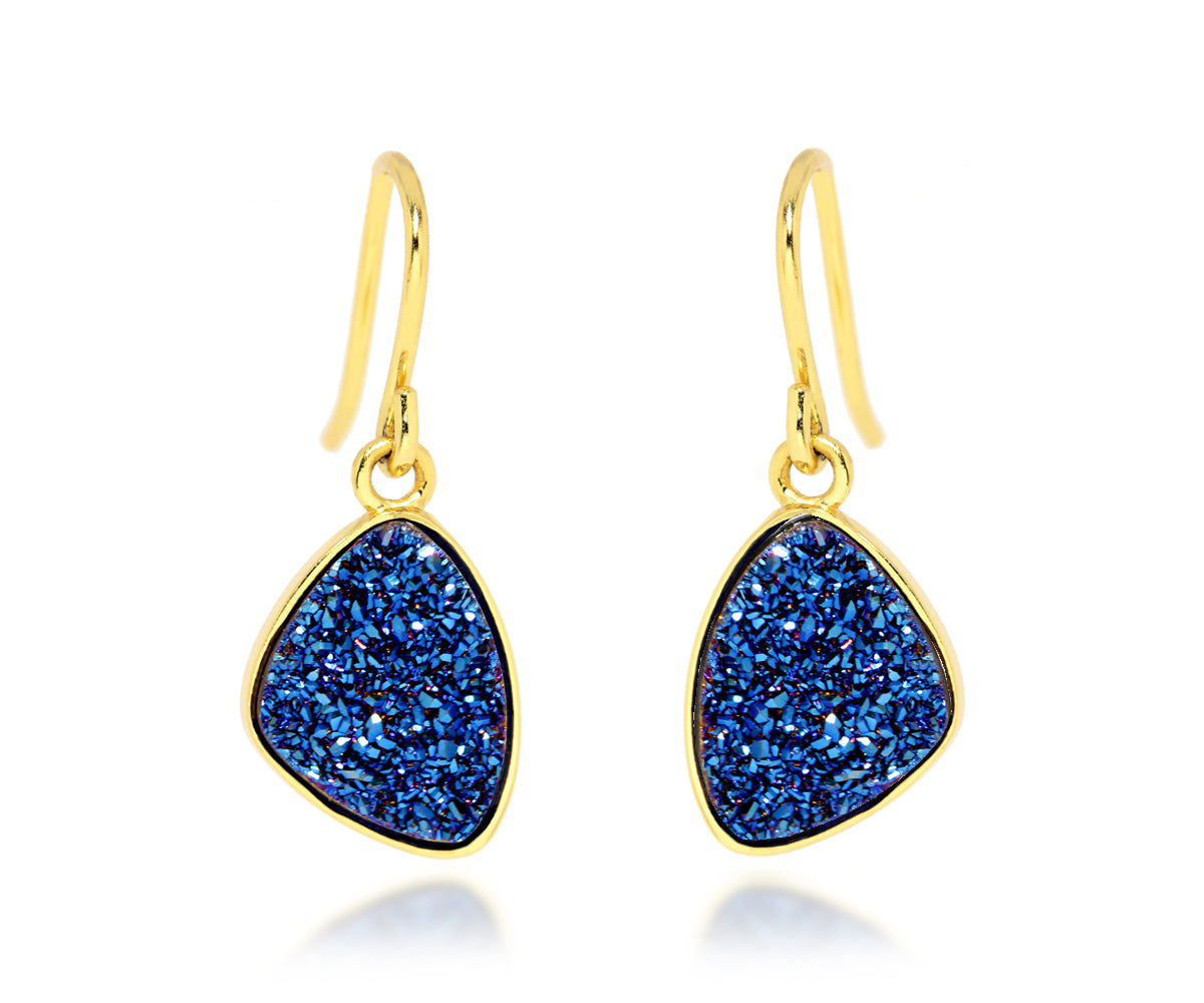 Ambrosia teardrop sapphire blue druzy dangle drusy silver earrings 14k gold