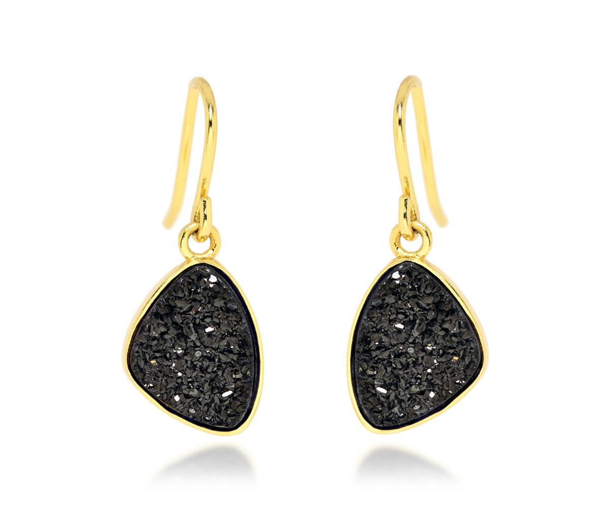 Small Trillion Black Druzy Gold Earrings