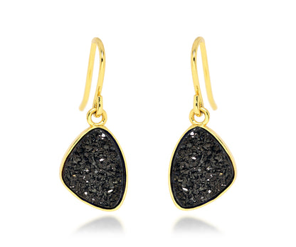 Small Trillion Black Druzy Gold Earrings