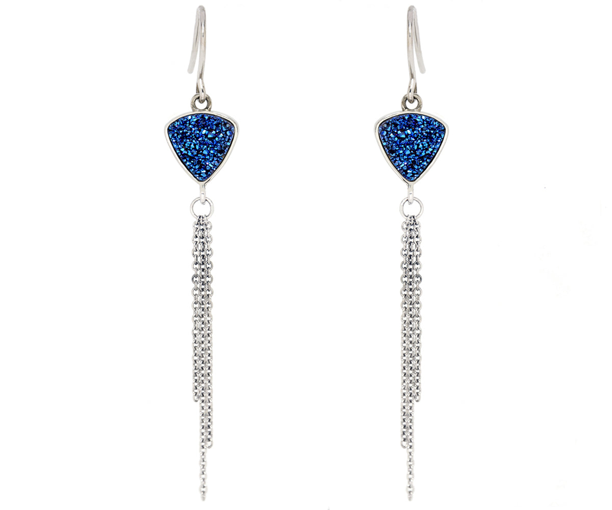 Triangle Dangling Chain Blue Druzy Earrings