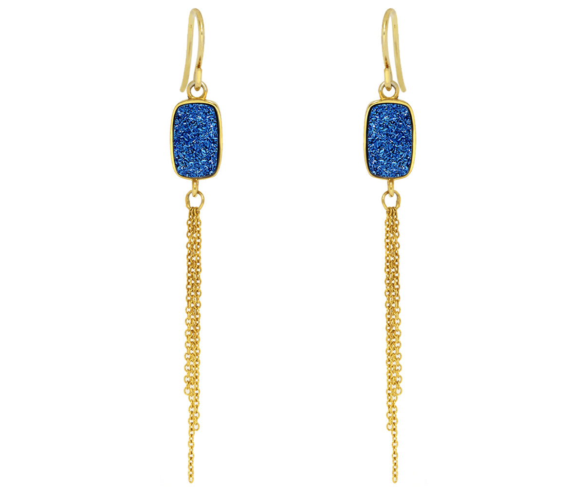 small rectangle sapphire blue druzy dangling chain drusy 14k vermeil earrings