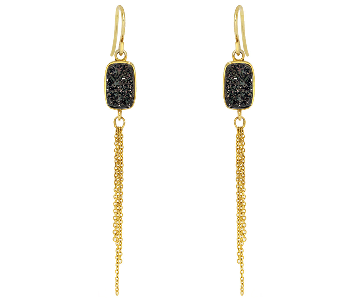 Dangling Chain Black Druzy 14k Vermeil Earrings