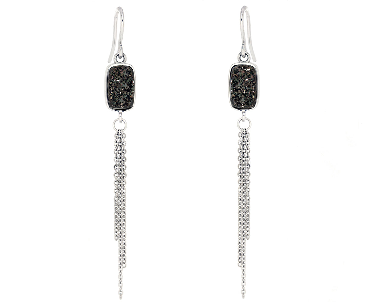 Dangling Chain Black Druzy Earrings