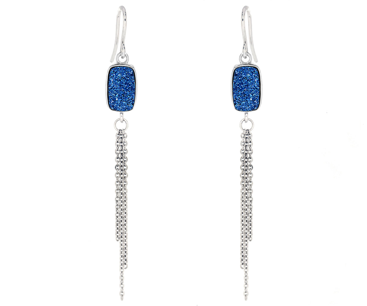 small rectangle sapphire blue druzy dangling chain drusy earrings