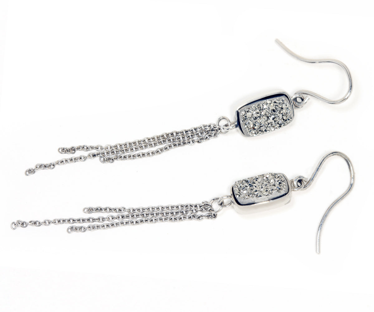 Dangling Chain Platinum Druzy Earrings